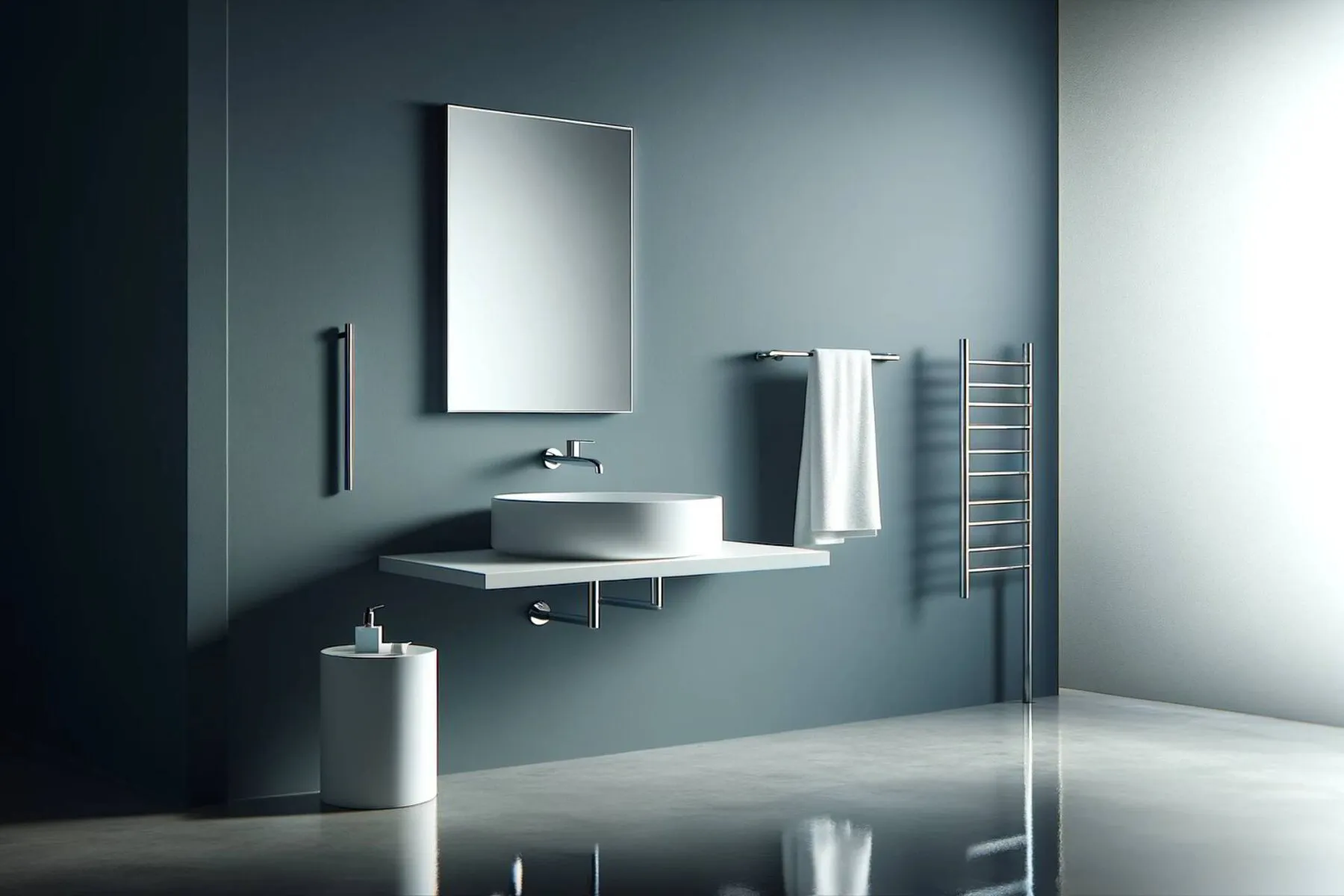 Minimalist modern bathroom interior focusing on spaciousness and cool tones complementing the sleek chrome fixtures