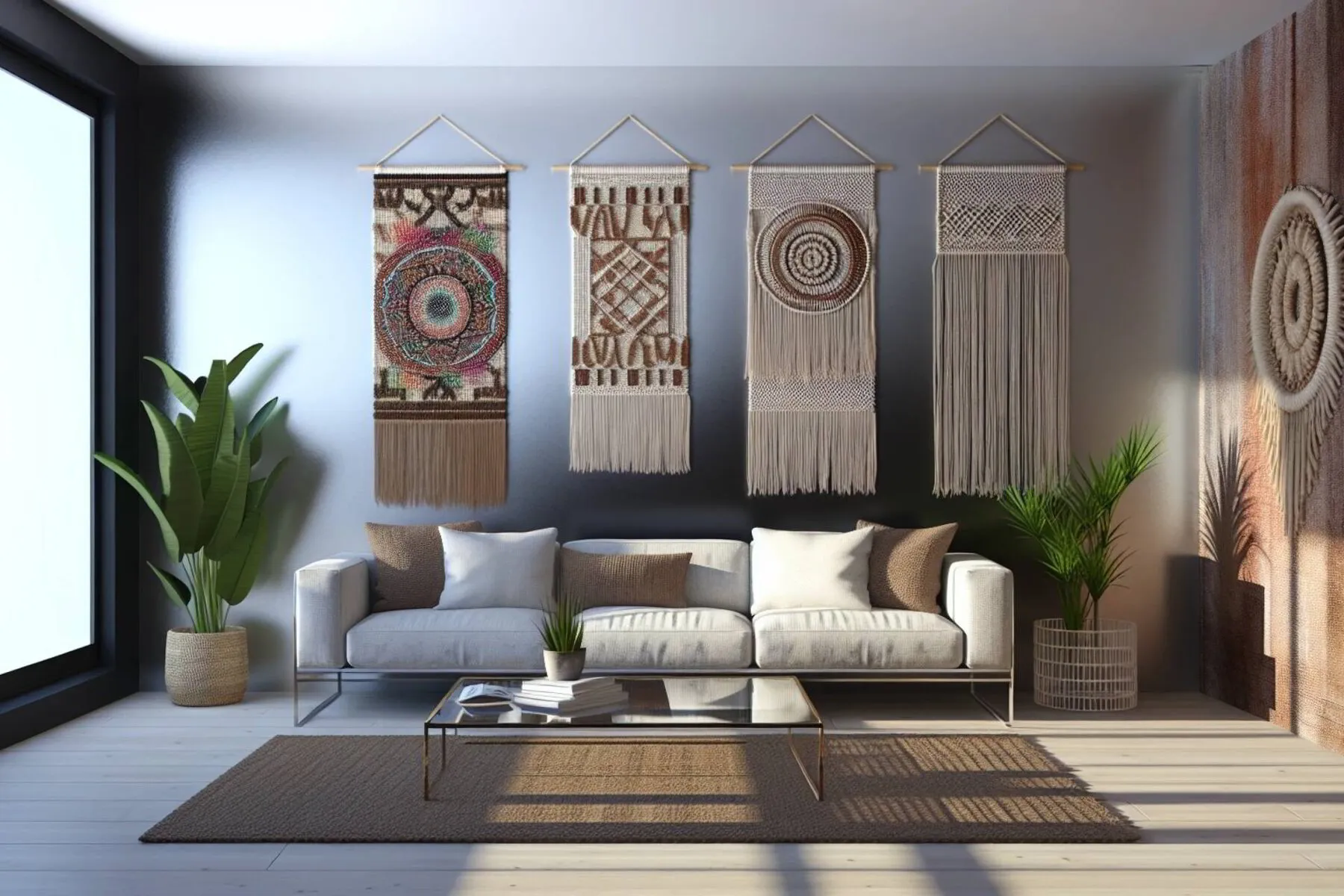 Modern living room showcasing hanging macrame art