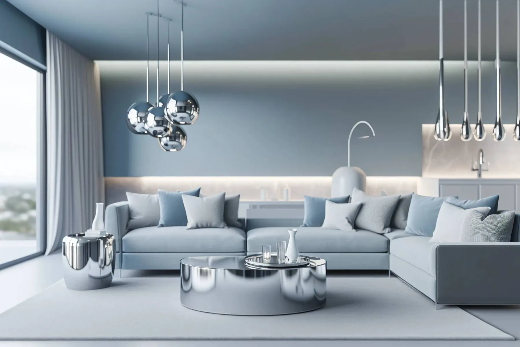Modern living room with chrome accessories