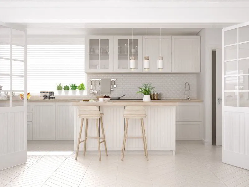Scandinavian classic kitchen with wooden and white details