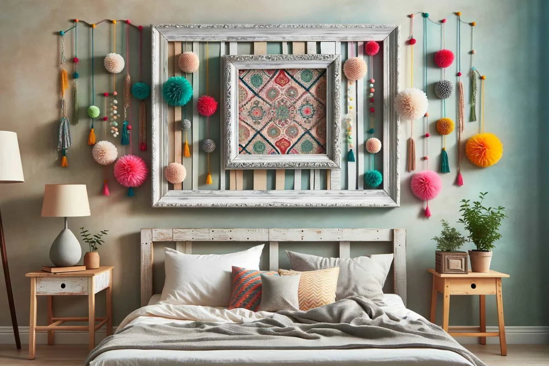 creative bedroom wall decor featuring repurposed everyday items transformed into unique art pieces