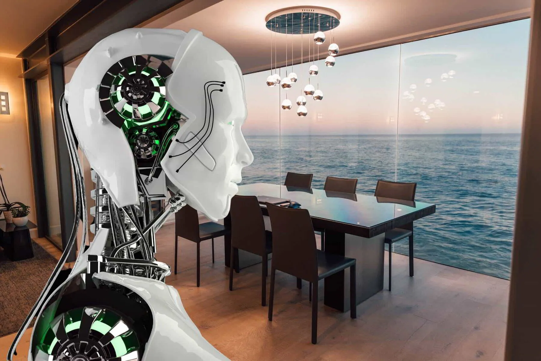 robot interior designer looking at a contemporary dining room overlooking the ocean 