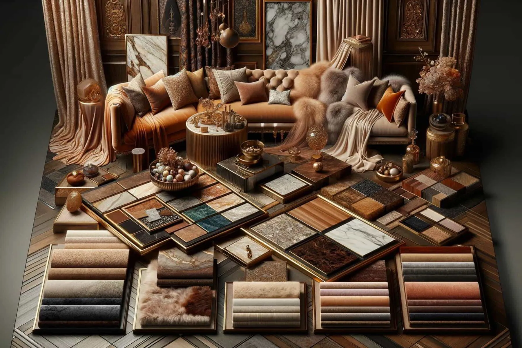  lavish, artistic representation of selecting high-end materials for luxury interior design. 