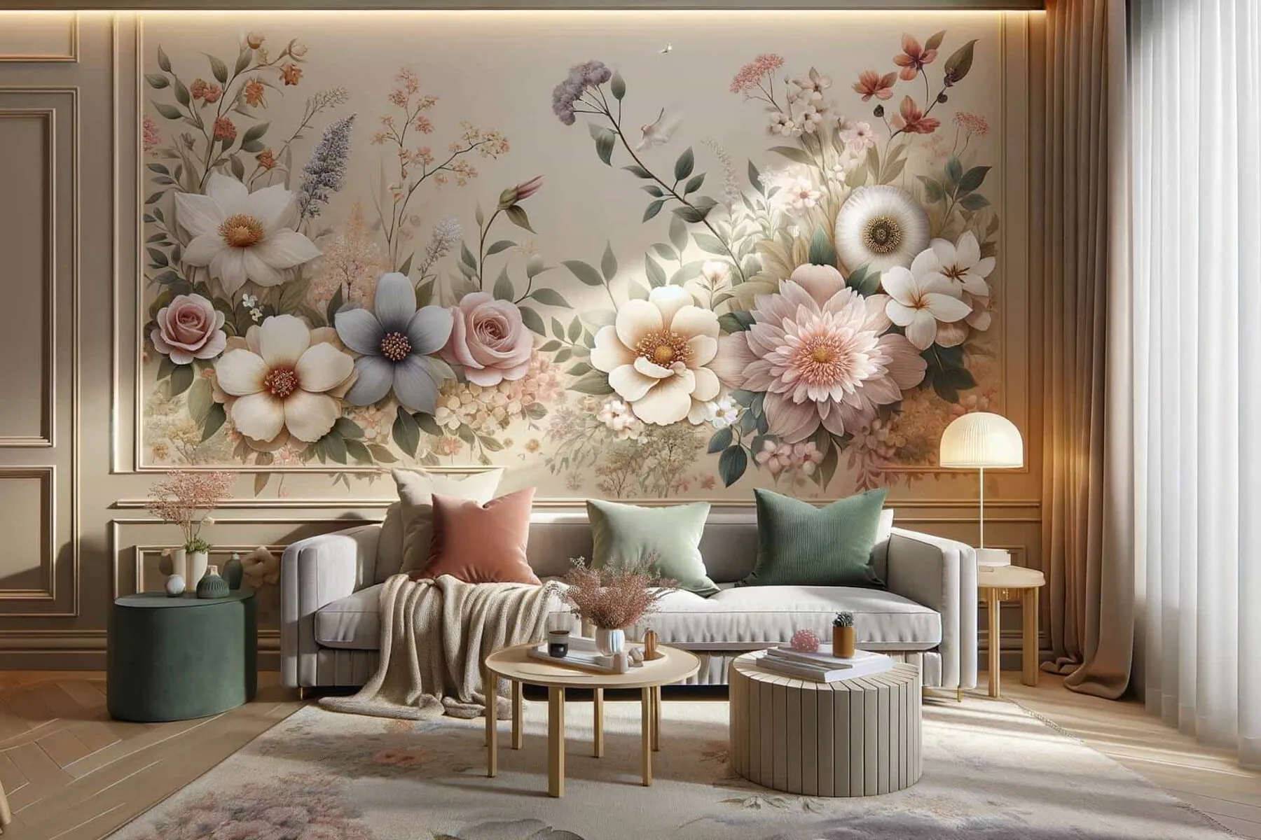living room wall adorned with removable floral wall decals