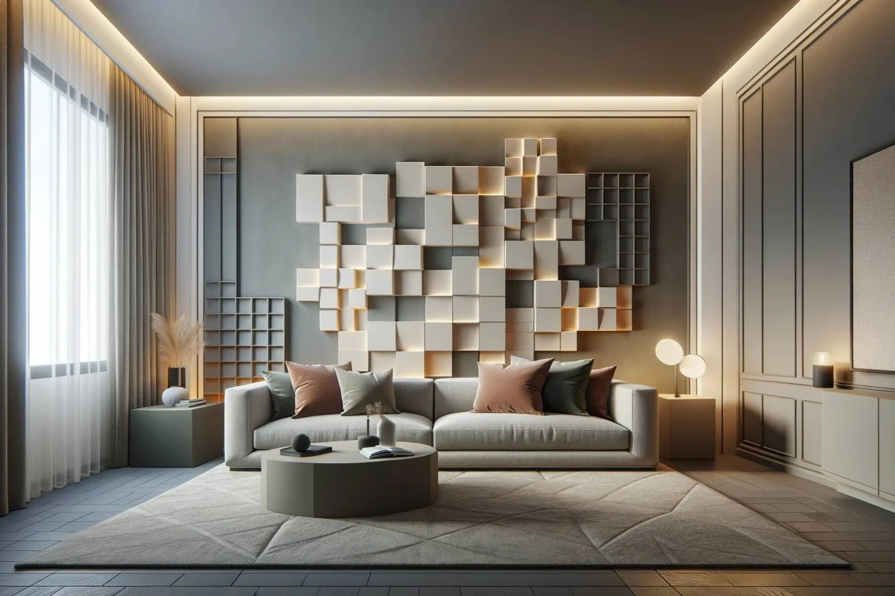 living room with a contemporary design, featuring 3D geometric design wall art