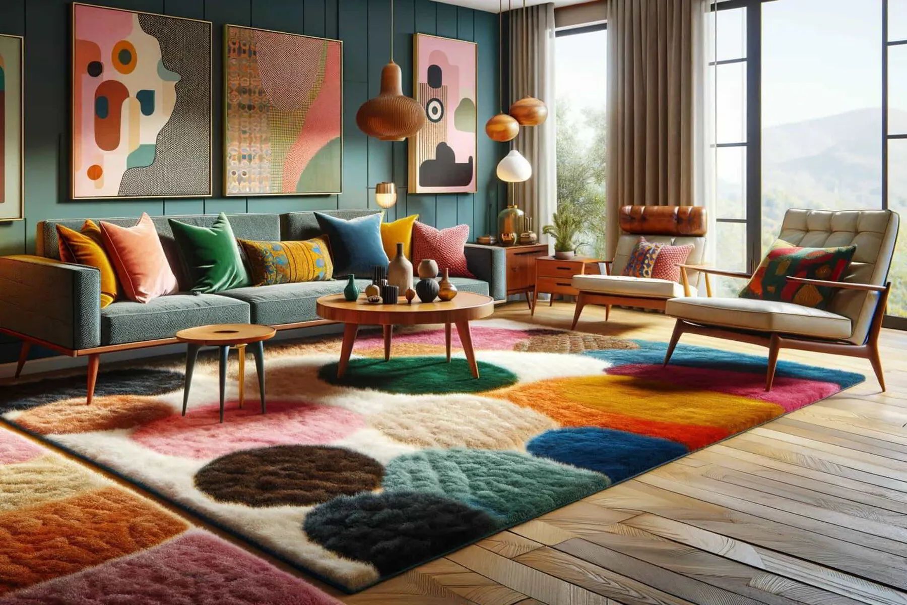 mid-century modern living room with vibrant colors and a variety of textures