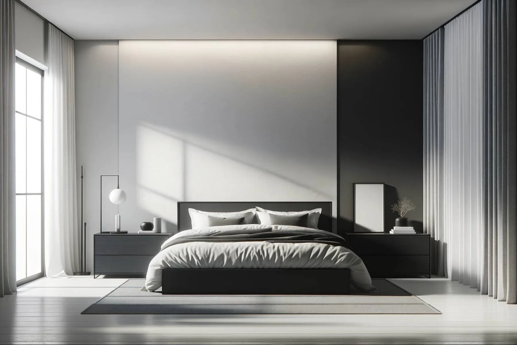 minimalist bedroom designed to showcase the principle of contrast to create emphasis