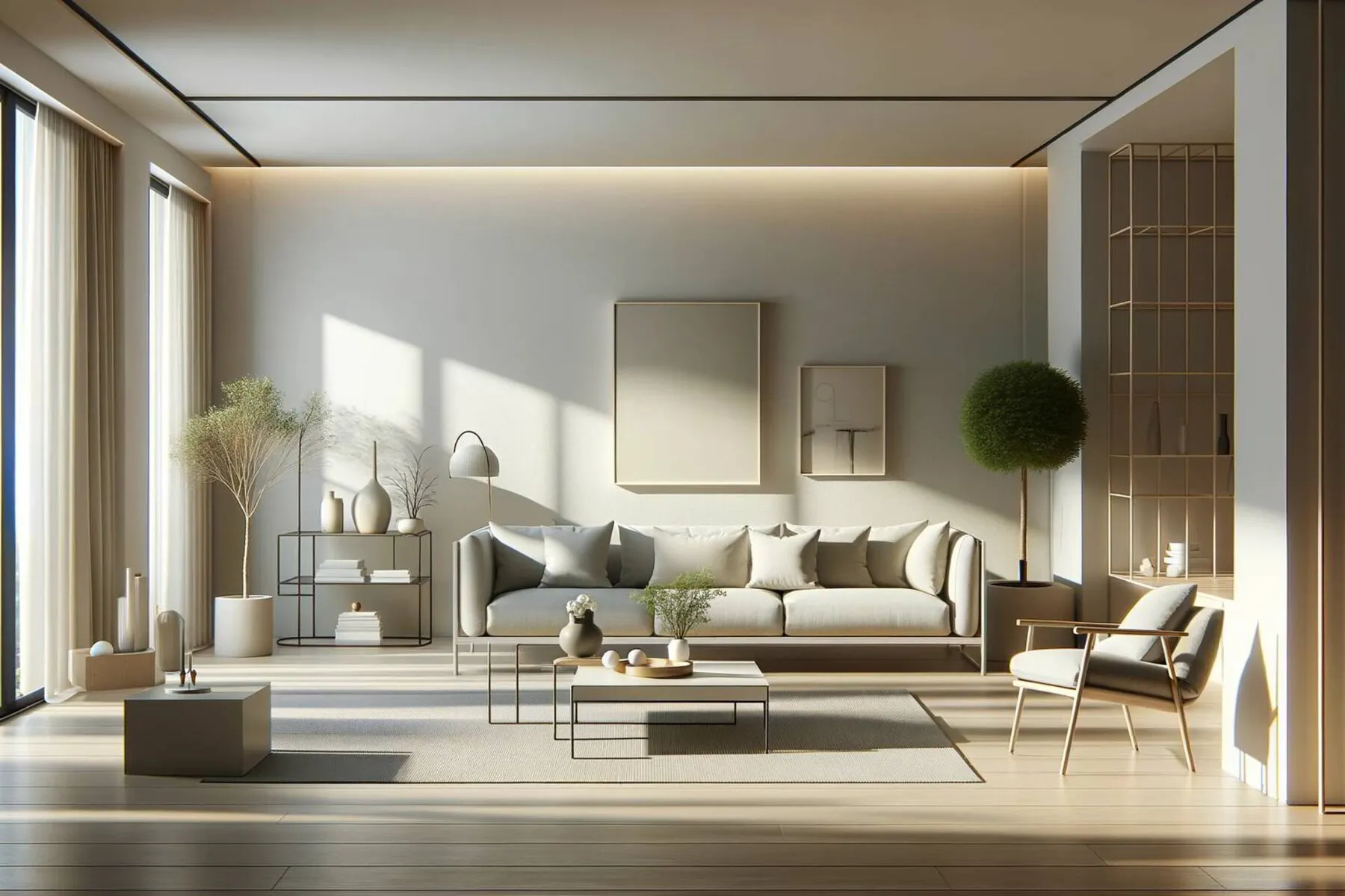 minimalist, well-organized living room reflecting tranquility and functionality