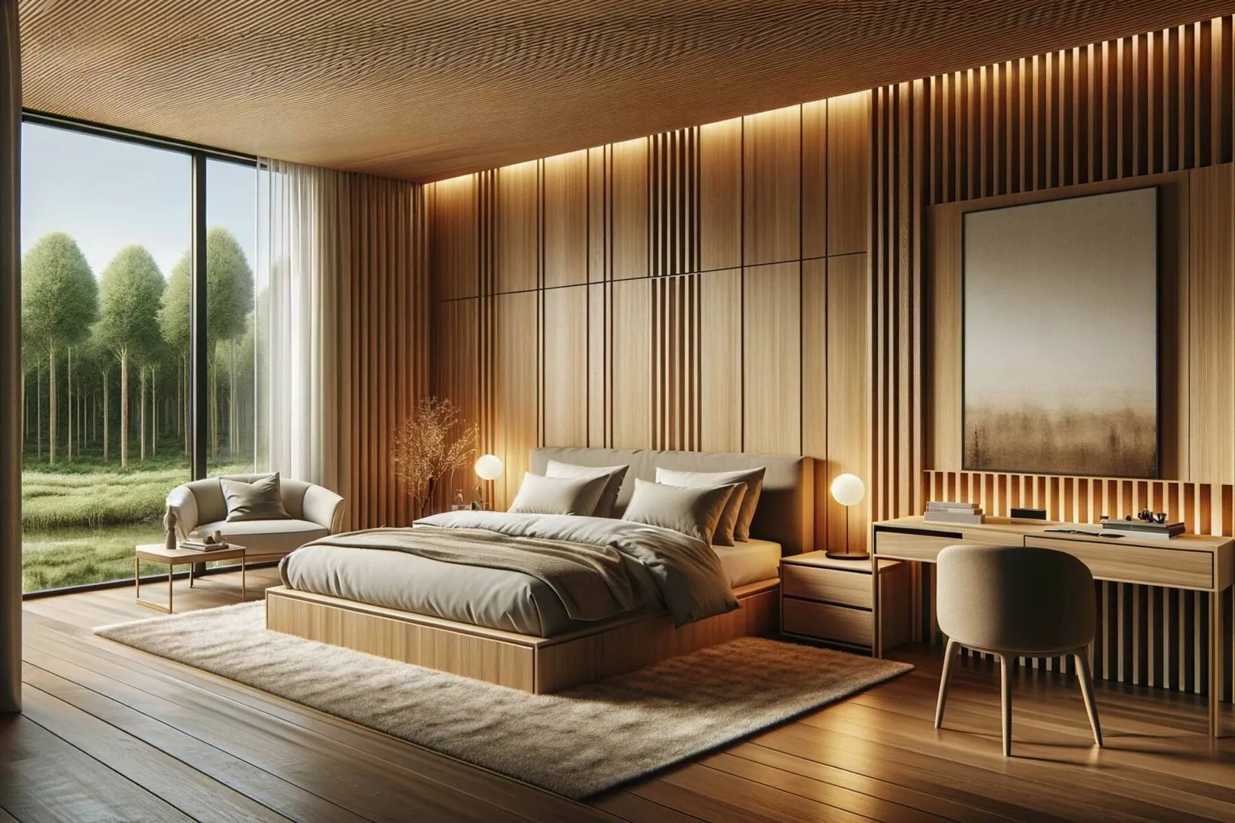 modern bedroom interior with wood paneling as the focal point of wall decor