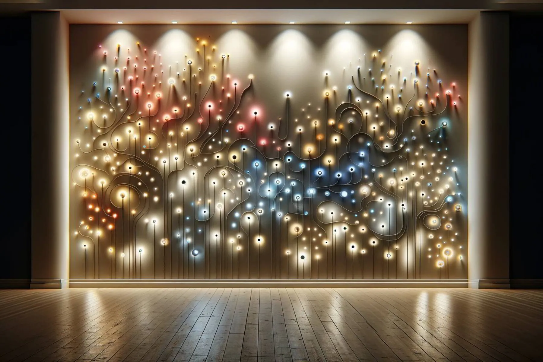 modern interior wall featuring an artistic and engaging decor idea_ an array of lights in different sizes and colors