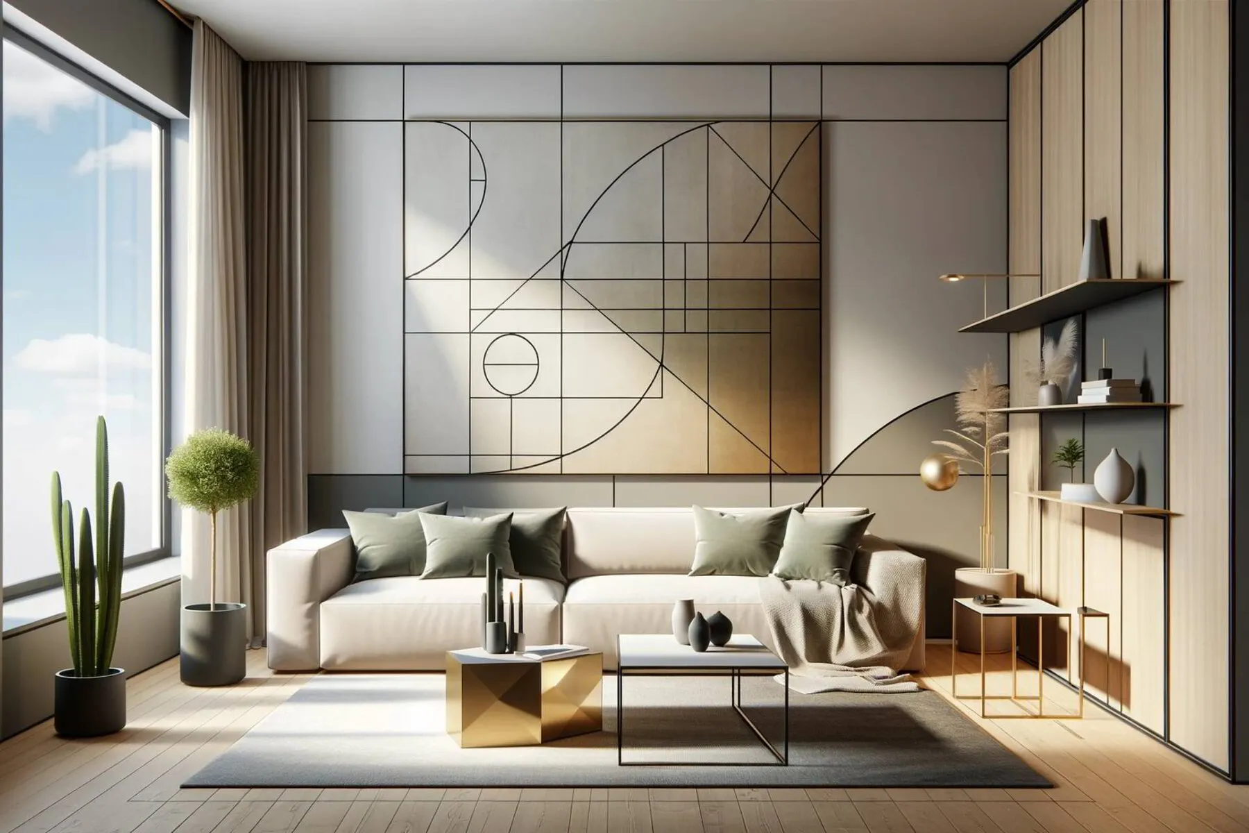 modern minimalist living room designed with the golden ratio principles