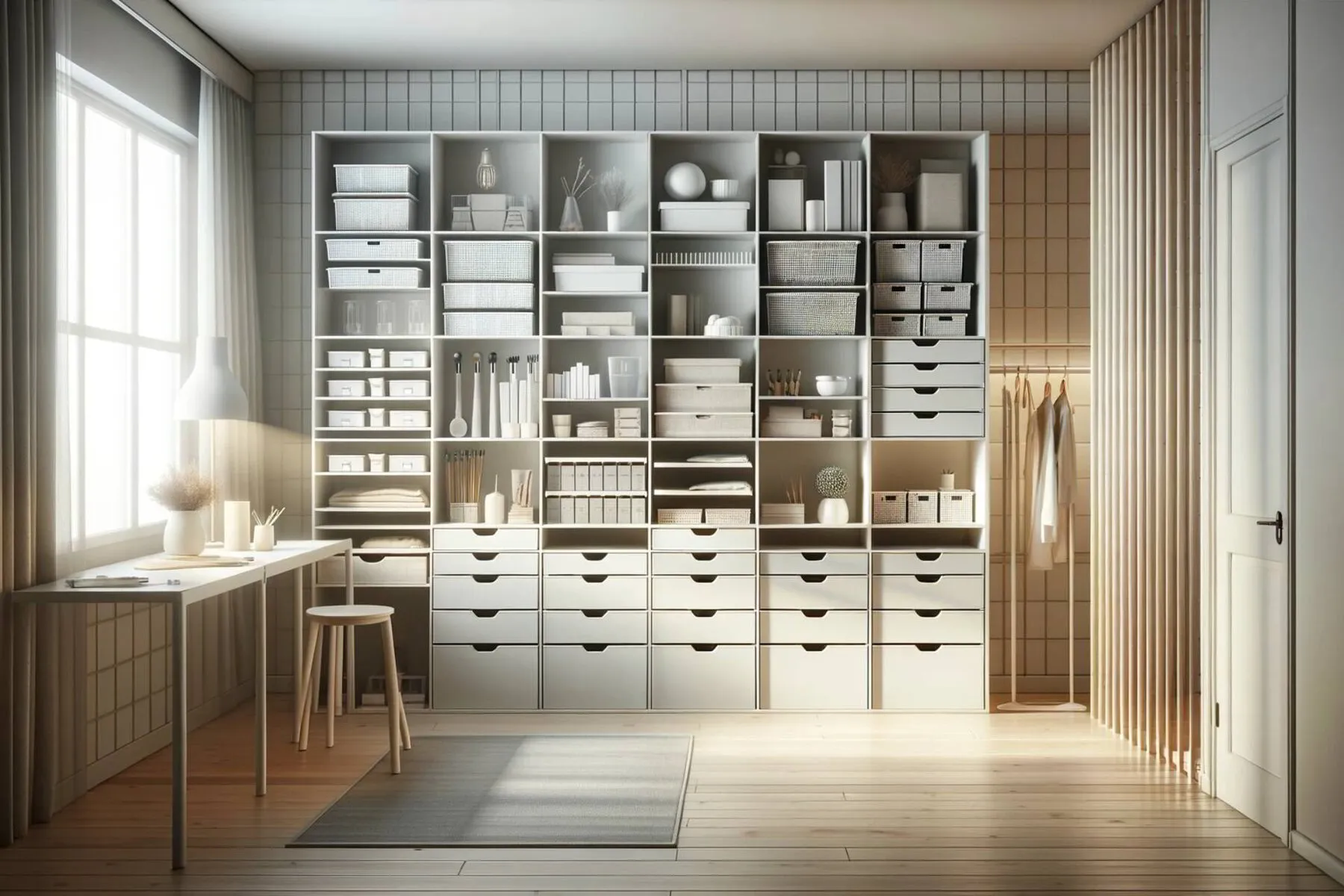 room with a simplified organizational system, maintaining a clean and orderly appearance with less clutter