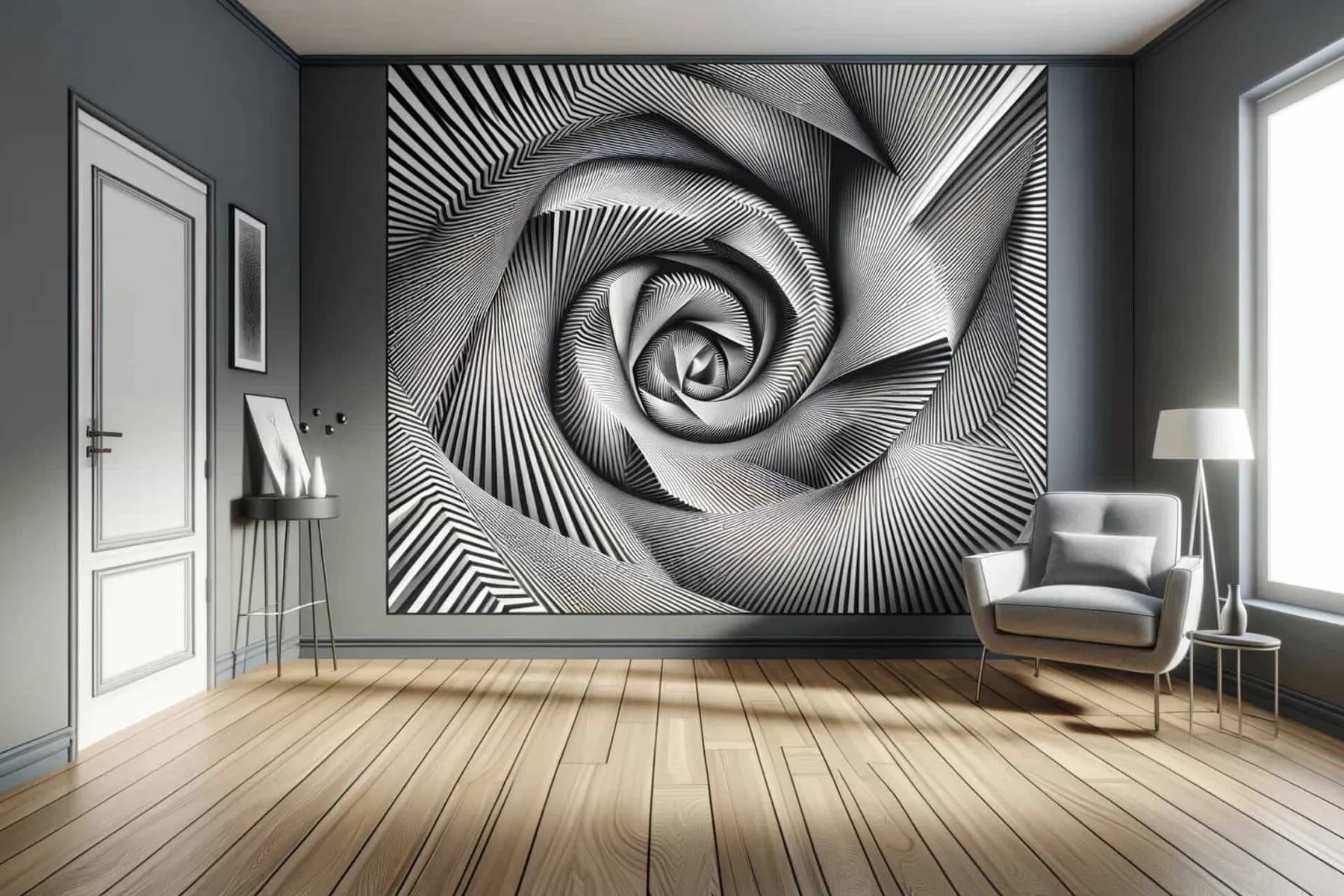 room with a wall that features a dynamic, optical illusion pattern, creating a sense of movement and depth, reminiscent of the work of Peter Kogler