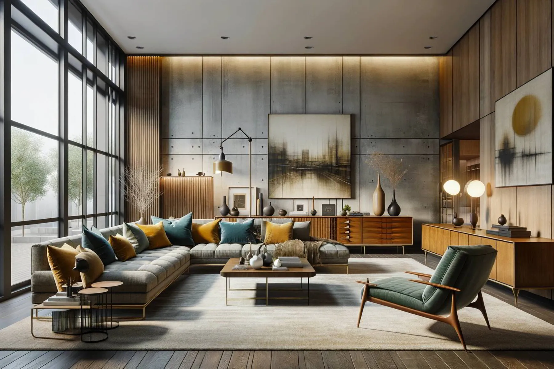 sophisticated living room that blends mid-century modern elements with contemporary design