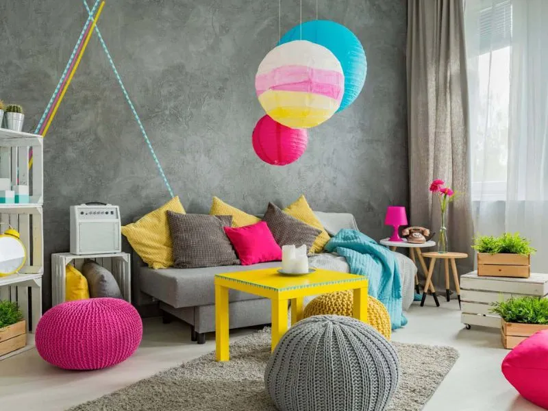 a very colorful living space designed for personal taste