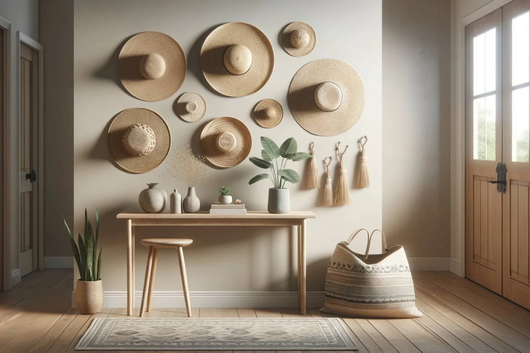 subtle and elegant bohemian-style entryway, featuring a few strategically placed straw hats and woven wall baskets