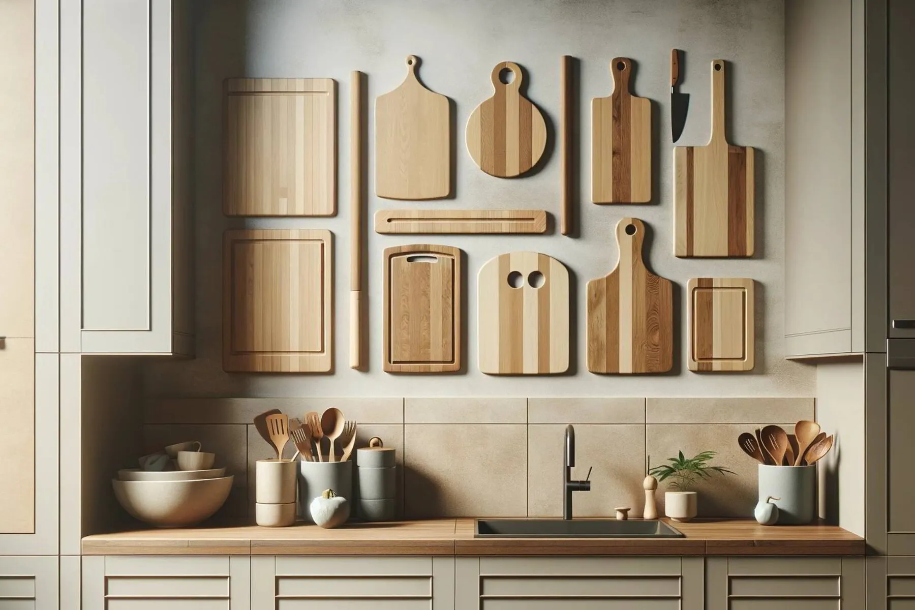 subtle and elegant kitchen decor, featuring a few cutting boards in varying shapes and sizes, tastefully arranged on a kitchen wall