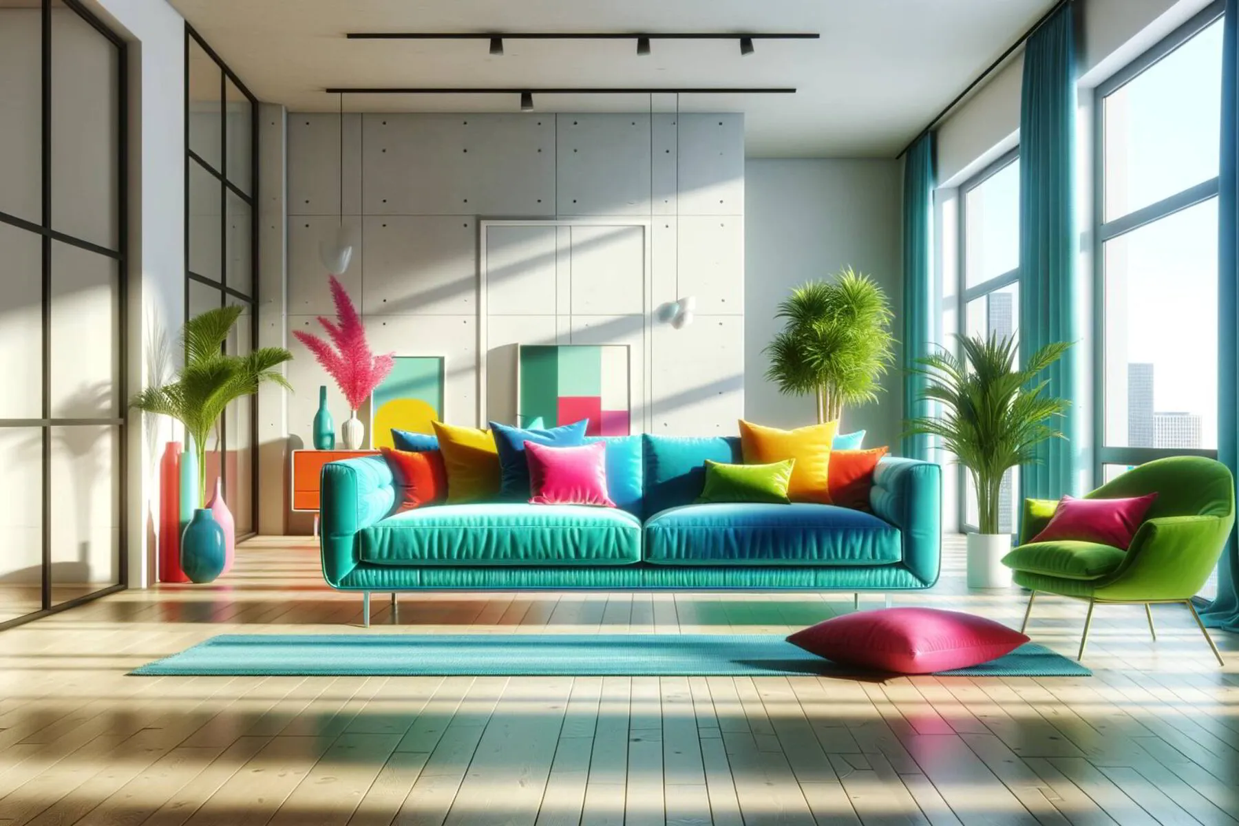well-lit living room, with a focus on a vibrant and brightly colored couch as the centerpiece