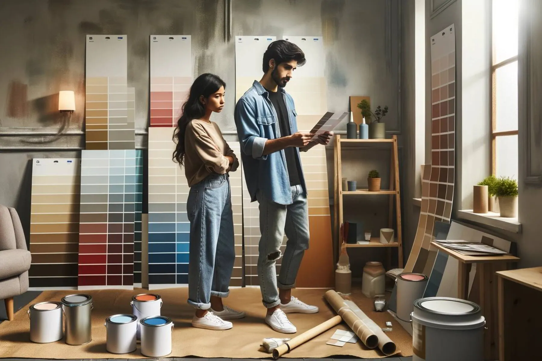 young couple in a modern home, trying to decide what paint is best for their DIY project