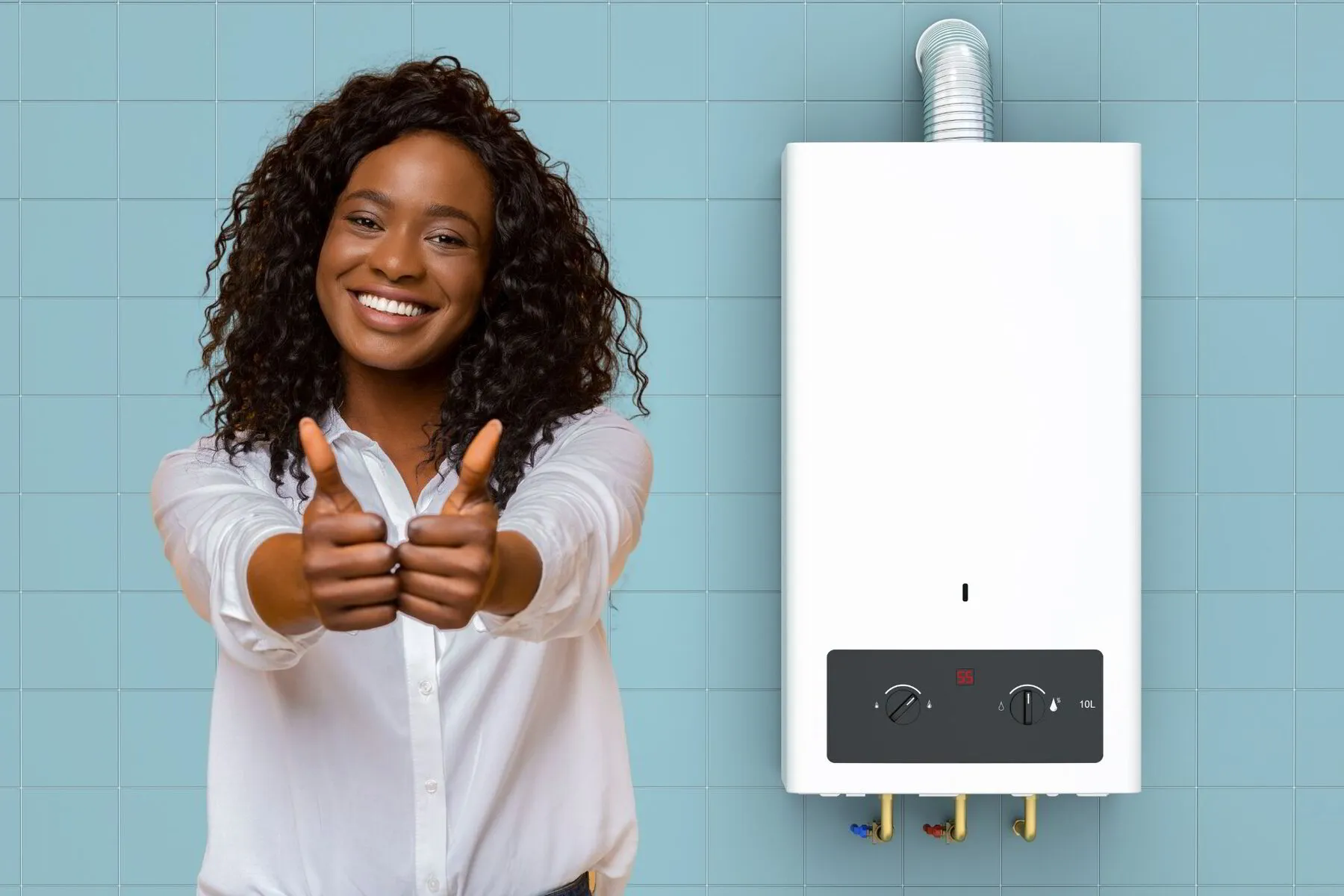 woman happy with her tankless water heater