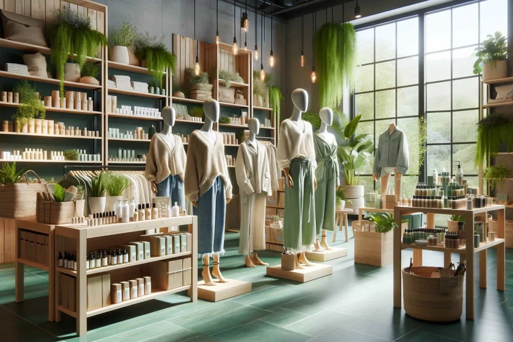 image showcasing sustainable fashion and beauty choices. The scene includes a clothing store with eco-friendly materials