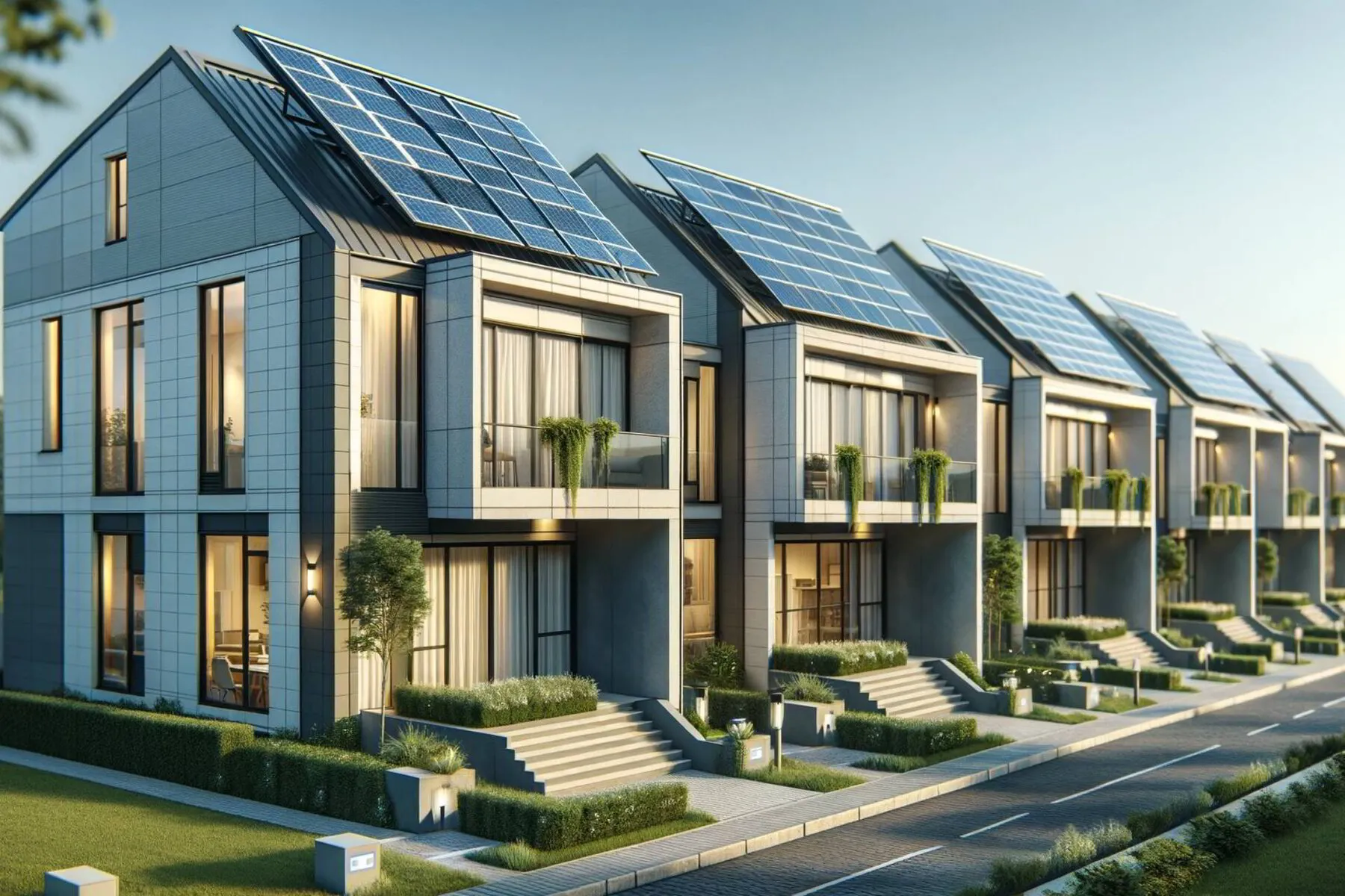 DALL·E 2023-12-10 10.32.53 - A photorealistic 16_9 image of a row of modern townhouses, each equipped with solar panels on their roofs. The townhouses feature a contemporary archi