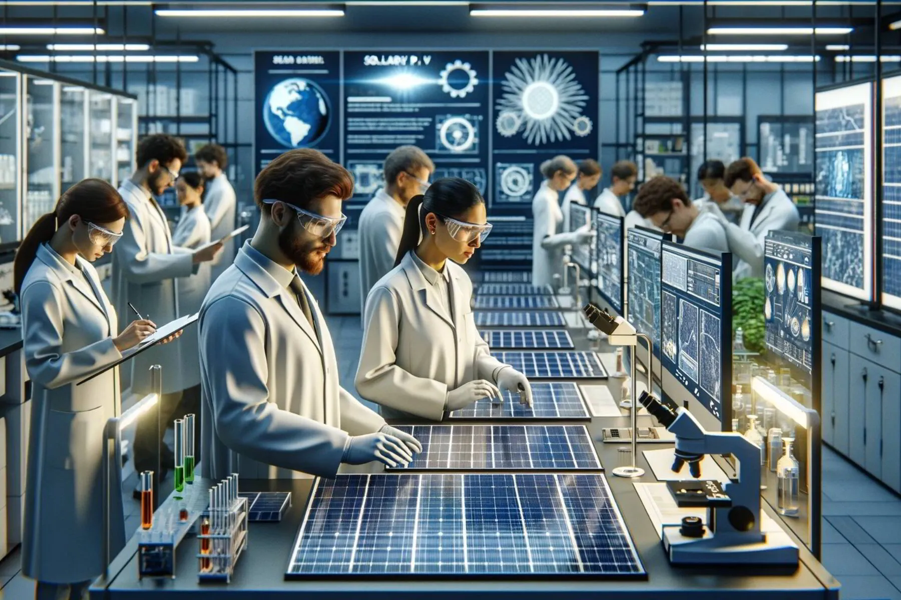 scientists in a laboratory working on solar photovoltaic (PV) panels