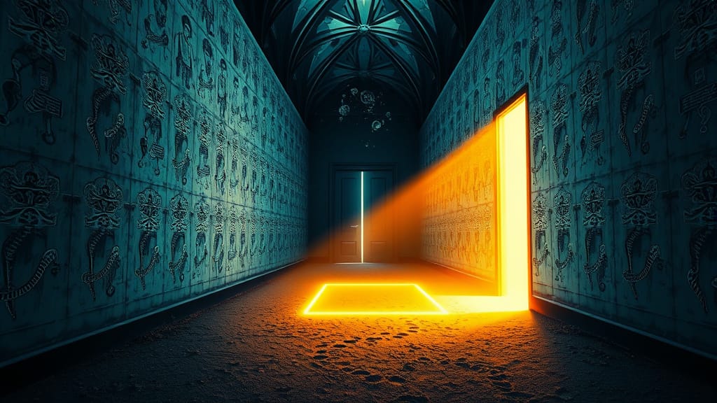 Half-open door in dark corridor with golden light escaping