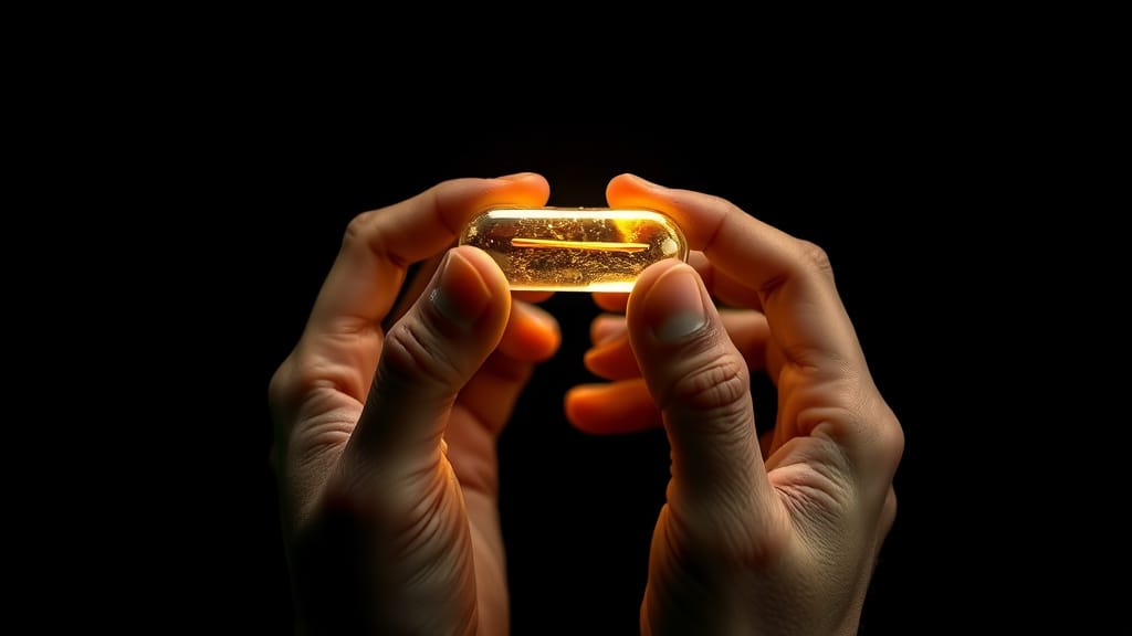 Hands holding translucent capsule with golden glow