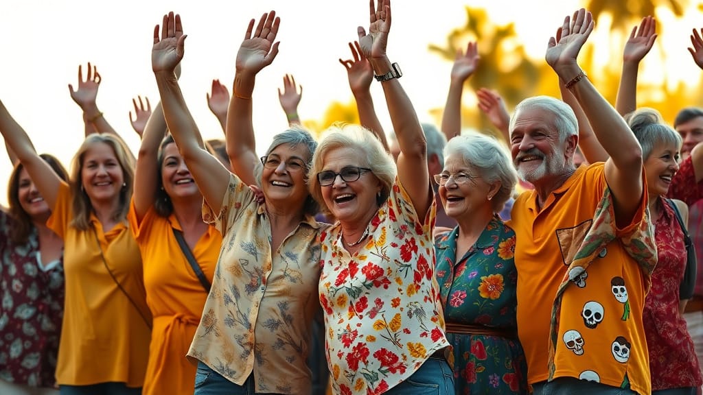 Diverse group (18–92 years) celebrating victory