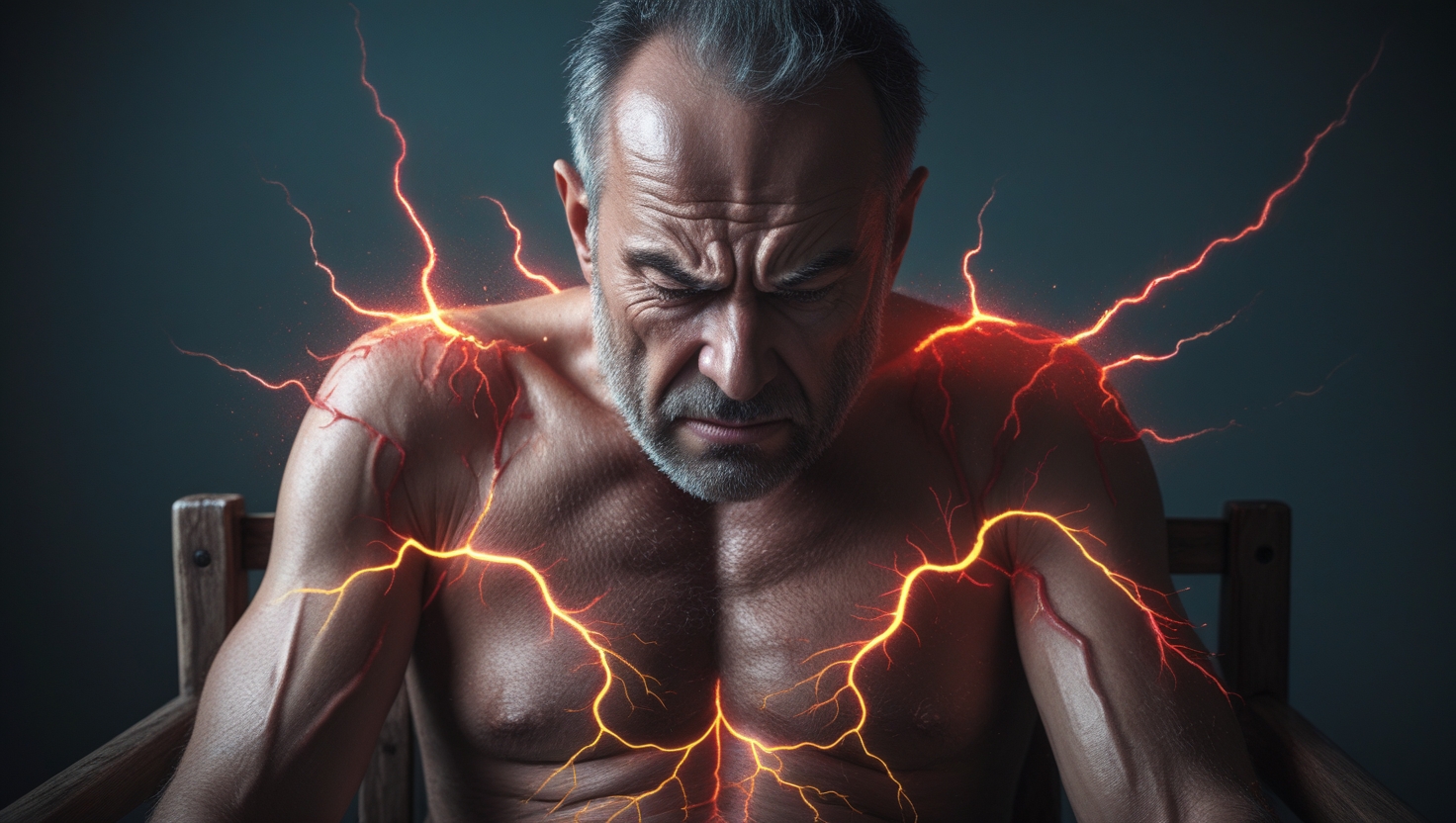 Person on bed edge, head in hands, with radial blur on edges