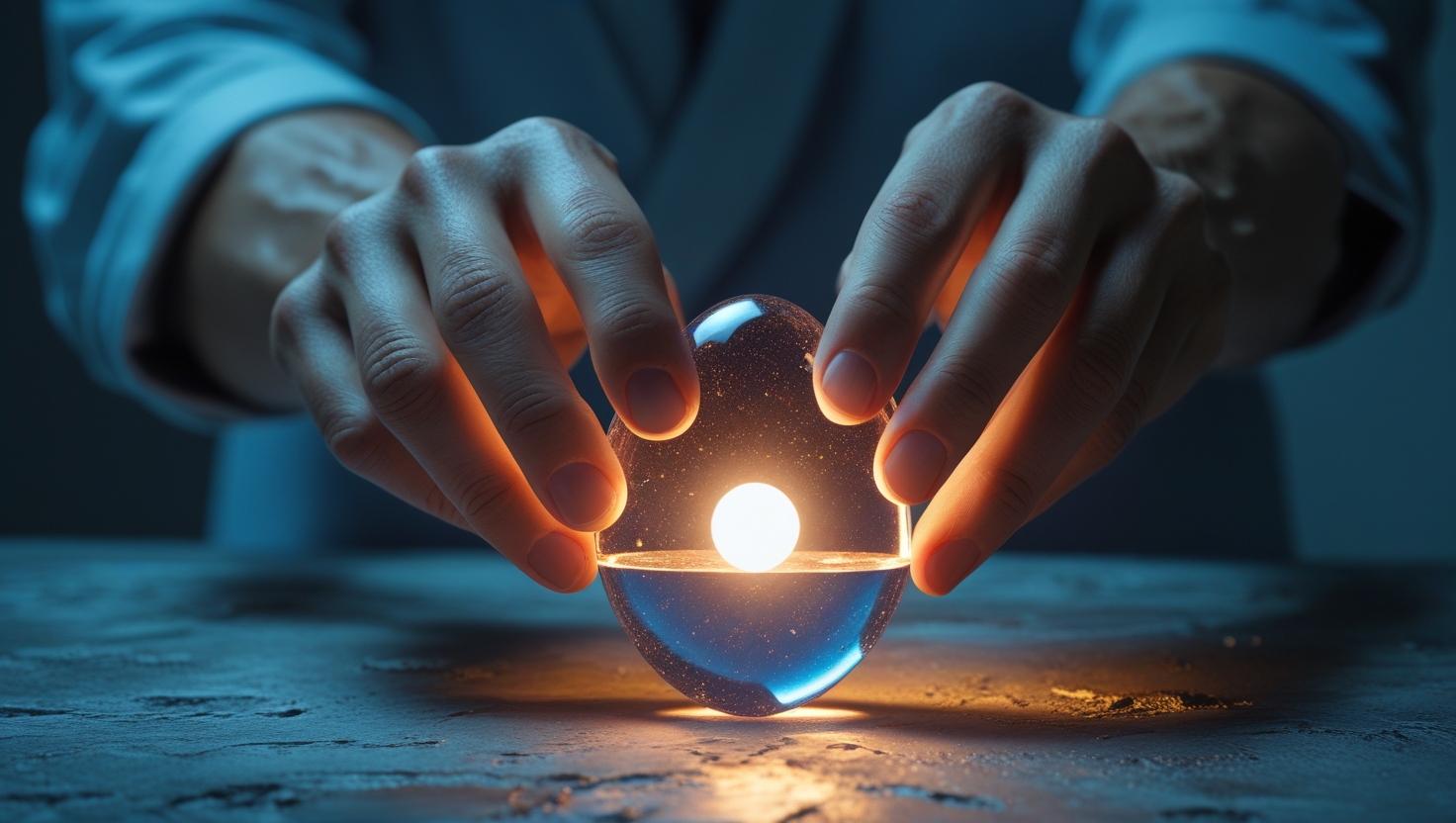 Hands holding translucent capsule or glowing drop on dark background
