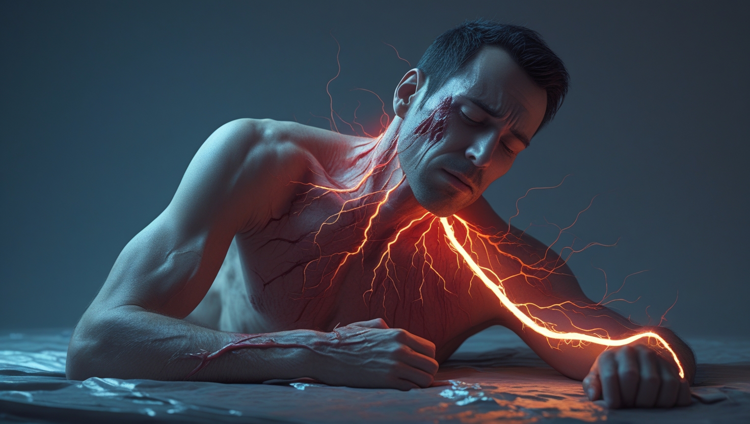 Person with back turned, hugging painful limb in dark environment