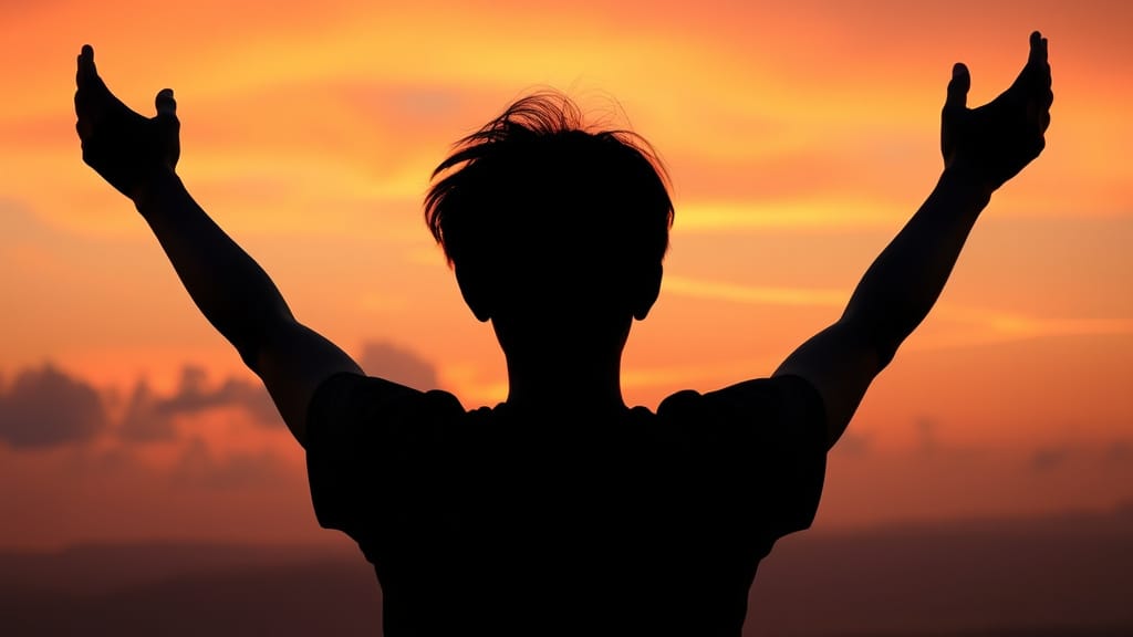Silhouette of person with arms raised in soft light at sunrise