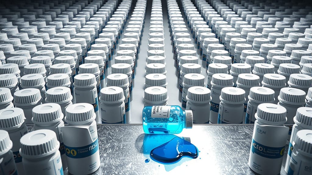 Close-up of medicine bottles in rows with accentuated shadows