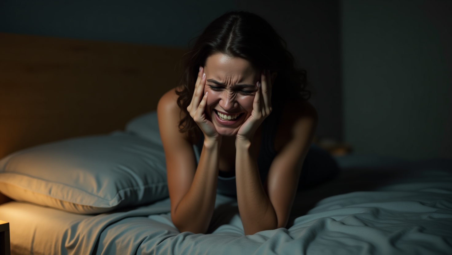 Woman in bed or room with expression of pain, suggesting dental discomfort
