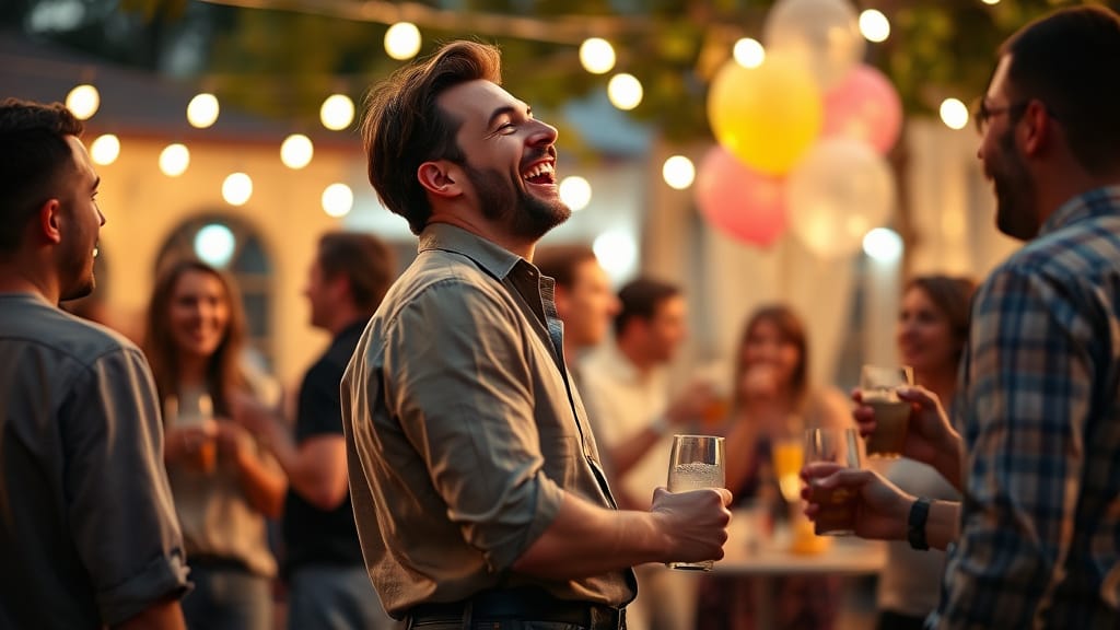 Man laughing openly with friends, showing happiness