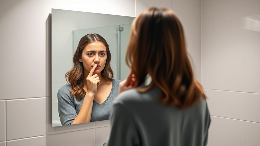 Woman looking at mirror with disappointment, covering her mouth