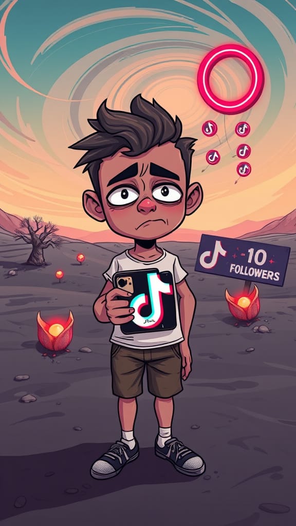 Cartoon person in a barren TikTok desert with zero followers