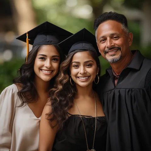 Orgulloso padre con sus hijas graduadas universitarias, financiadas por una póliza de IUL para Niños