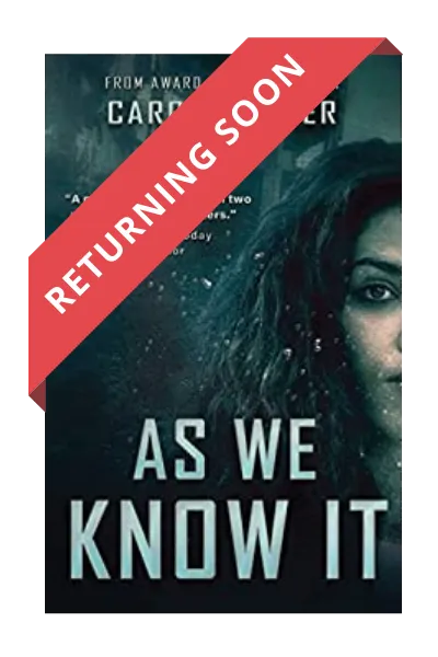 The As We Know It book cover features a Latina woman under murky water with the ruins of buildings behind her.
