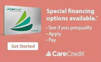 Advertisement for CareCredit showing a card and text about special financing options with a 'Get Started' button.