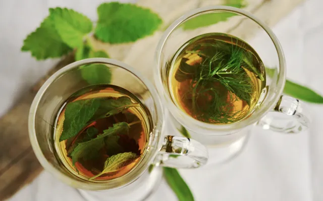 Two cups of herbal tea with fresh mint and dill on a wooden surface.