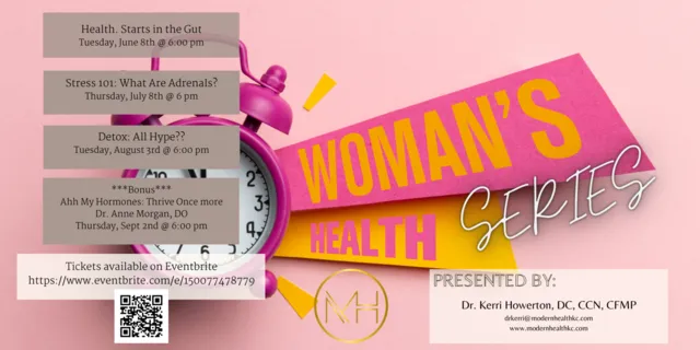 Promotional flyer for a women's health series with dates, topics, and a QR code for ticketing.