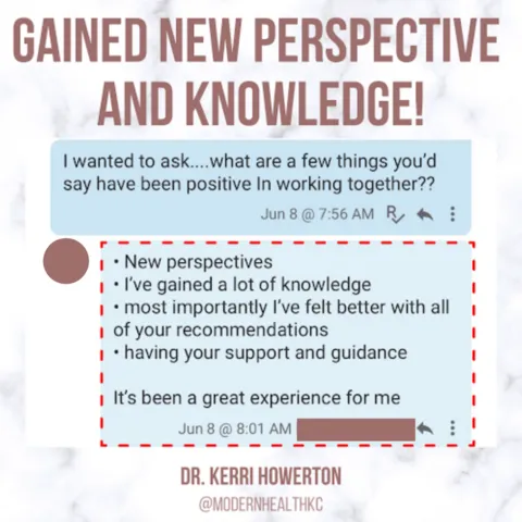 Graphic with a positive testimonial for Dr. Kerri Howerton, highlighting life-changing nutritional advice.
