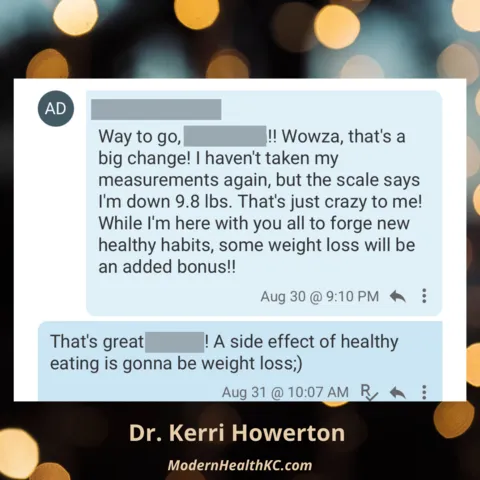 Graphic with a positive testimonial for Dr. Kerri Howerton, highlighting life-changing nutritional advice.