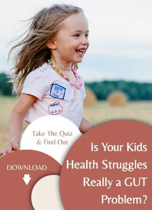 Young girl smiling and running with a health quiz advertisement overlay about gut problems.