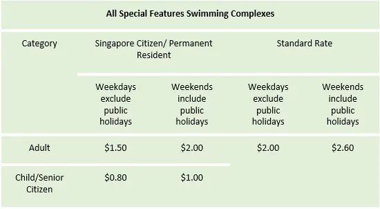 Special Features Swimming Pool Entrance Fee