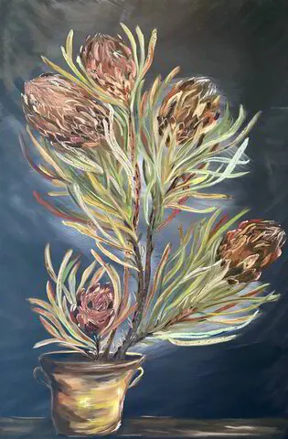 Protea in copper vase - oil on canvase