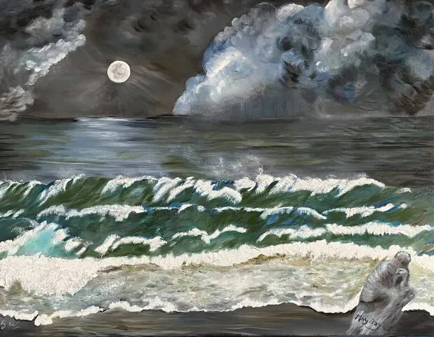 Bev Annegarn Art - Moon shining over ocean, Oil on canvas